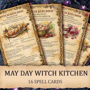 May include: A set of 16 "May Day Witch Kitchen" spell cards. Each card features a recipe or ritual, with watercolor illustrations of ingredients and tools. The cards have a vintage, parchment-like appearance with botanical borders.