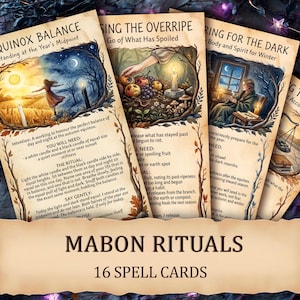 Può includere: Un set di 16 carte rituali di Mabon con scene illustrate di transizioni stagionali, candele e frutta. Ogni carta include testo stampato che dettaglia intenzioni specifiche, oggetti necessari e istruzioni rituali per l'equinozio d'autunno.