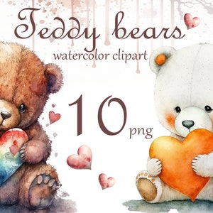 Teddy bears Watercolor clipart,Valentine&#39;s Day, Love and friendship illustration Instant download digital file Cute sublimation for children