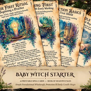 Peut inclure: Un ensemble de seize cartes de sorts imprimables intitulées Baby Witch Starter, présentant des illustrations à l'aquarelle de bougies, de forêts et de portes sur du papier parchemin vieilli avec du texte noir détaillant des rituels.