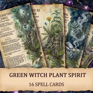 Könnte beinhalten: Ein Set von 16 Zauberkarten mit dem Thema grüne Hexe. Jede Karte zeigt botanische Illustrationen und Text, mit Titeln wie "Wildcrafting Ethics" und "Dreaming Herb". Die Karten haben eine Vintage- und mystische Ästhetik.