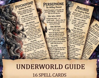 May include: A deck of 16 spell cards titled "Underworld Guide." Each card features detailed text and illustrations, including a skeleton, a woman with a candle, and Egyptian imagery. The cards have a vintage, aged appearance.