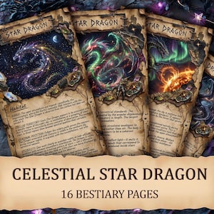 Può includere: Una collezione di carte artistiche fantasy con draghi celesti. Ogni carta mostra un diverso design di drago con colori vivaci e sfondi cosmici. Le carte sono etichettate "Star Dragon" e includono testo descrittivo. Il set si intitola "Celestial Star Dragon" e include 16 pagine di bestiario.