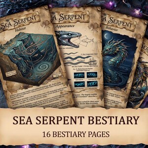 May include: A collection of fantasy-themed cards titled "Sea Serpent Bestiary". The cards feature illustrations of sea serpents, their habitats, and behaviors. The text "16 Bestiary Pages" is displayed on a banner below the cards.