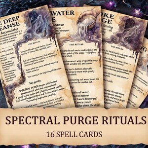Könnte beinhalten: Ein Set von 16 Zauberkarten mit dem Titel "Spectral Purge Rituals". Die Karten zeigen Aquarellillustrationen und Text, der Reinigungsrituale beschreibt. Die Karten haben ein pergamentartiges Aussehen mit violetten Akzenten.