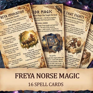 May include: A set of 16 Freya Norse Magic spell cards. Each card features illustrations and text in a vintage style, with titles like "Freya Invocation" and "Seidr Magic". The cards have a parchment-like appearance.