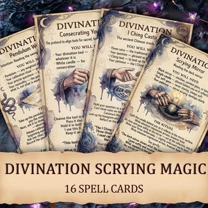 May include: Set of 16 divination spell cards with illustrations and text. The cards feature various divination methods, including pendulum work, scrying, and I Ching casting, with a banner at the bottom that reads "DIVINATION SCRYING MAGIC".