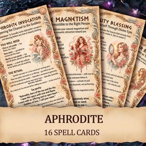 May include: A pack of 16 Aphrodite spell cards with illustrations and text. The cards have a vintage aesthetic with floral and scroll designs. The title "Aphrodite" is displayed at the bottom.