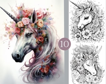 Custom Coloring book Unicorn with Flowers Coloring Page PDF/ JPEG, Printable Adult Coloring, Instant download