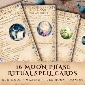 May include: A collection of 16 Moon Phase Ritual Spell Cards. Each card features watercolor illustrations and text, including phases like New Moon, Full Moon, and Waxing. The cards have a vintage aesthetic with celestial and botanical imagery.
