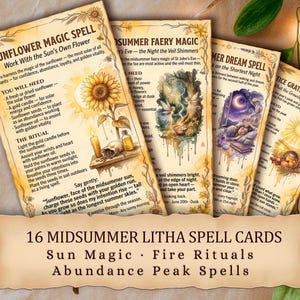 May include: A collection of 16 Midsummer Litha spell cards with Sun Magic, Fire Rituals, and Abundance Peak Spells. The cards feature illustrations of sunflowers, fairies, and dreamscapes, with text descriptions and rituals. The cards are tan with a vintage aesthetic.