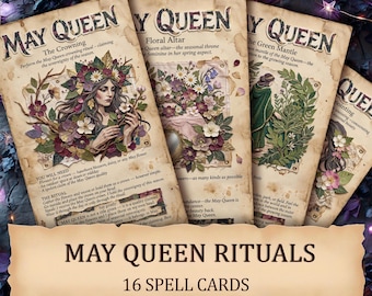 Rituales imprimibles de la Reina de Mayo, Diosa de Beltane y Tarjetas de la Bruja de Primavera