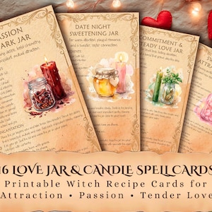 May include: A set of four vintage-style recipe cards with watercolor illustrations. Each card features a different love spell, including jars, candles, and ingredients. The cards are titled "Passion Spark Jar," "Date Night Sweetening Jar," "Commitment & Steady Love Jar," and "Sweet Attraction Jar."