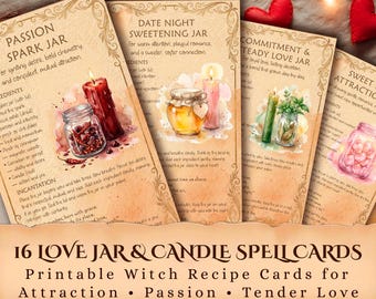 Pode incluir: Um conjunto de quatro cartões de receitas em estilo vintage com ilustrações em aquarela. Cada cartão apresenta um feitiço de amor diferente, incluindo potes, velas e ingredientes. Os cartões são intitulados "Passion Spark Jar", "Date Night Sweetening Jar", "Commitment & Steady Love Jar" e "Sweet Attraction Jar".