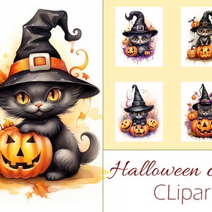 Halloween Cat Clipart – 10 PNG, watercolor witch cat & pumpkin, kawaii, transparent background, 300 dpi, instant download