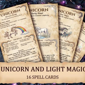 以下が含まれることがあります： ユニコーンと光の魔法をテーマにした16枚のスペルカードのコレクション。カードには、ユニコーン、虹、儀式を説明するテキストのイラストが描かれています。カードはヴィンテージで古びた外観をしています。