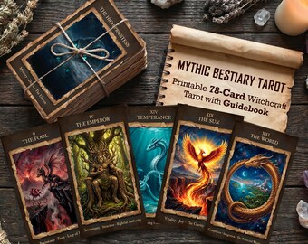Mythic Bestiary Tarot Deck - Printable 78-Card Witchcraft Tarot with Guidebook