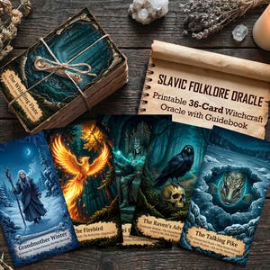 May include: A deck of Slavic Folklore Oracle cards with a guidebook. The cards feature fantasy art with titles like "Grandmother Winter" and "The Firebird." The deck is tied with twine. A scroll reads "SLAVIC FOLKLORE ORACLE".