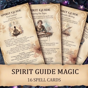 May include: A set of 16 beige spell cards titled Spirit Guide Magic. Each card features detailed text instructions for rituals like First Contact, Reading the Signs, and Automatic Writing, decorated with soft floral accents and illustrations.