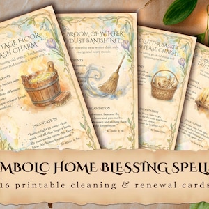 Puede incluir: Un conjunto de cuatro tarjetas de estilo vintage con ilustraciones y texto, que presentan hechizos de limpieza y renovación. Las tarjetas tienen un fondo similar a pergamino con bordes botánicos y títulos como "Cottage Floor Wash Charm."
