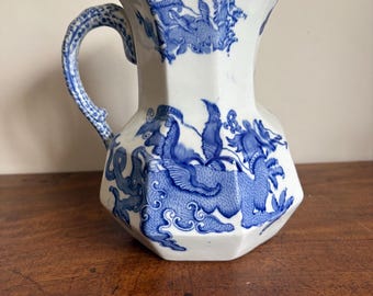 Serpent jug, 6.5 inches tall, blue and white dragon pattern textured handle. Victorian, by Masons 19th century.