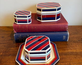 Jean Muir designed for Minton in 1987.  Fabulous table scape square boxes in red white and blue with gold leaf. Smart, exciting, Rare
