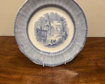 Rare, Antique early 1800’s T. Fell and Co., Gothic Temple plate.  Blue and White depicting fascination for follies, ruins and temples.