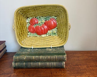 Vintage French Sarreguimes tomato dish in the form of a wicker basket.  Highly decorative and useful. Ready for tomato salads.