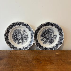 May include: Two white ceramic plates with black floral designs. The plates have a scalloped edge and a black floral pattern with a central motif of a basket of fruit.