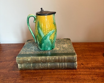 Antique English Majolica pitcher with pewter lid.  Fabulous detailing - small old hairline - otherwise perfect