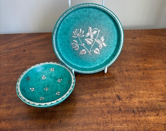 Gustavsberg 1930’s Argenta series fine ceramic dishes designed by William Kage .  Made in Sweden decorated with inlaid silver. Rare.
