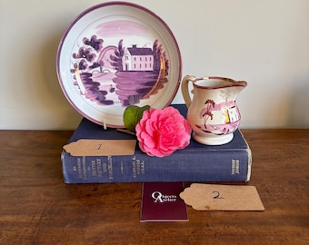 Pink lustre ware House pattern Antique shallow bowl and creamer.  Excellent condition. Rare. Collectible.