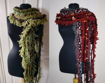 Boho Hand knit crochet Scarf, extra long, Green Forest or Red Fire Dragon, hand made, unique, gift for her, for mother