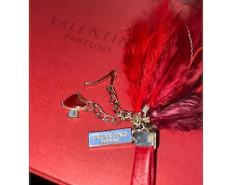 Valentino, Leather phone strap with V silver charm and feathers, Rare, Vintage, Collectible, Gift Idea, Discontinued! New in Box