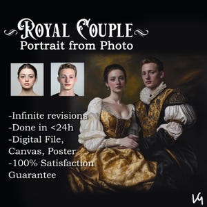 Retrato de pareja real personalizado a partir de una foto. Póster de lienzo de regalo con retrato de fantasía de rey y reina personalizado, arte renacentista a partir de una imagen para pareja.