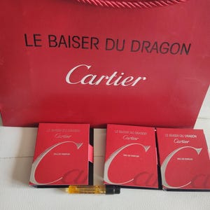 Cartier Red Crisp Small Shopping Bag with Fabric Handle and Le baiser du Dragon perfume vials Rare, Vintage, Collectible, **Discontinued!*** image 4