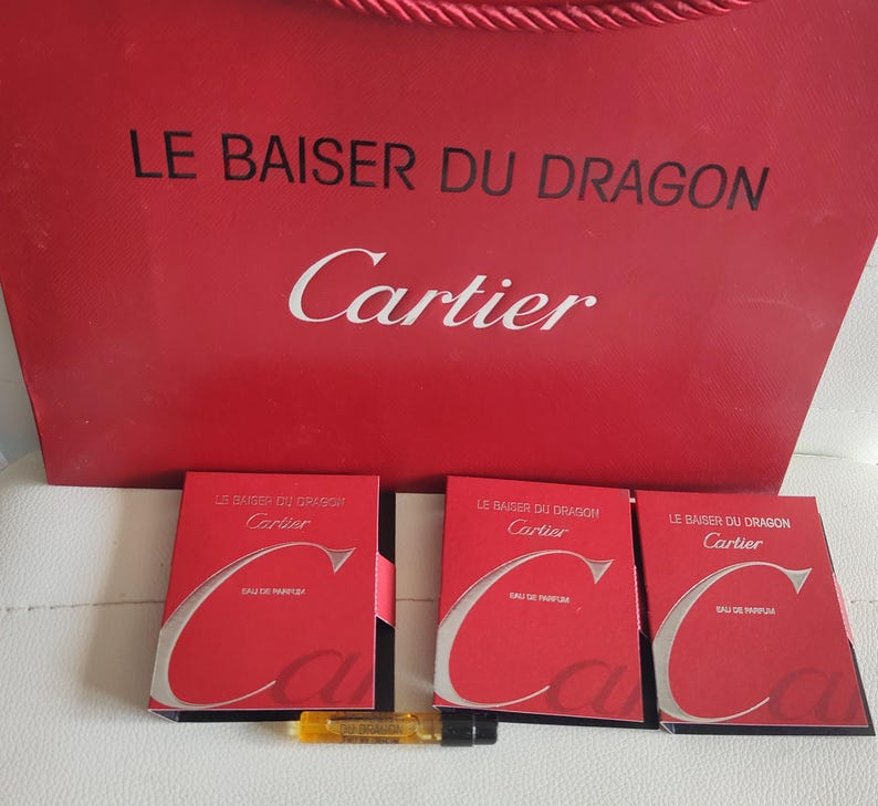 Cartier Red Crisp Small Shopping Bag with Fabric Handle and Le baiser du Dragon perfume vials Rare, Vintage, Collectible, **Discontinued!*** image 4