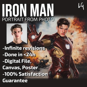 Individuelles IRON Portrait vom Foto, personalisiertes Fantasy Portrait Geschenk, Leinwand oder Poster Portrait vom Bildidee für Ihn ihr Jungen Jahrestag