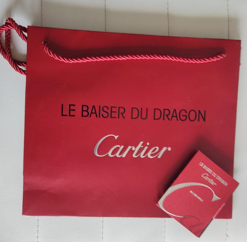 Cartier Red Crisp Small Shopping Bag with Fabric Handle and Le baiser du Dragon perfume vials Rare, Vintage, Collectible, **Discontinued!*** image 2