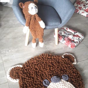 Teddy Beer Nursery Rug, Montessori crochet shower decor, Hand made knitted carpet, Baby Gift, Kids Room Mat, Pajama Bag Holder,SoftPlush toy
