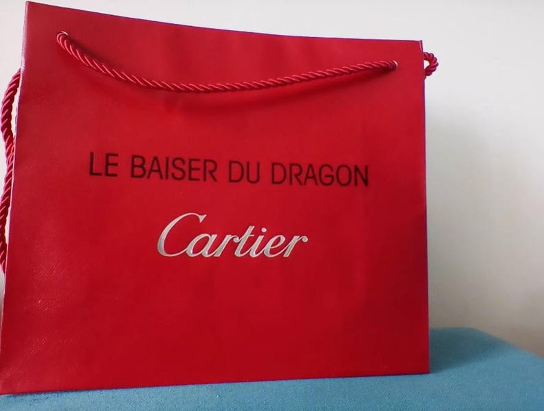 Cartier Red Crisp Small Shopping Bag with Fabric Handle and Le baiser du Dragon perfume vials Rare, Vintage, Collectible, **Discontinued!*** image 8
