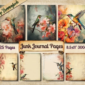 Hummingbird Junk Journal Pages, Vintage Scrapbooking Ephemera, 25 Printable Pages, Digital Download, Mixed Media Hummingbird Paper