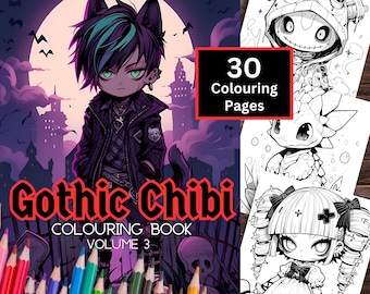 Gothic Chibi Colouring Book, 30 Creepy Chibi & Kawaii Colouring Pages, Colouring for Adults and Teens, Instant Download PDF, Creepy Chibi