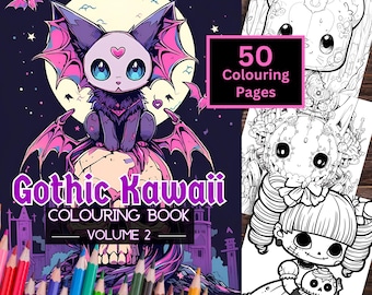 Gothic Kawaii Colouring Book, 50 Kawaii Colouring Pages, Adults & Teens, Gothic Kawaii Colouring Pages, Instant Download PDF, Creepy Kawaii