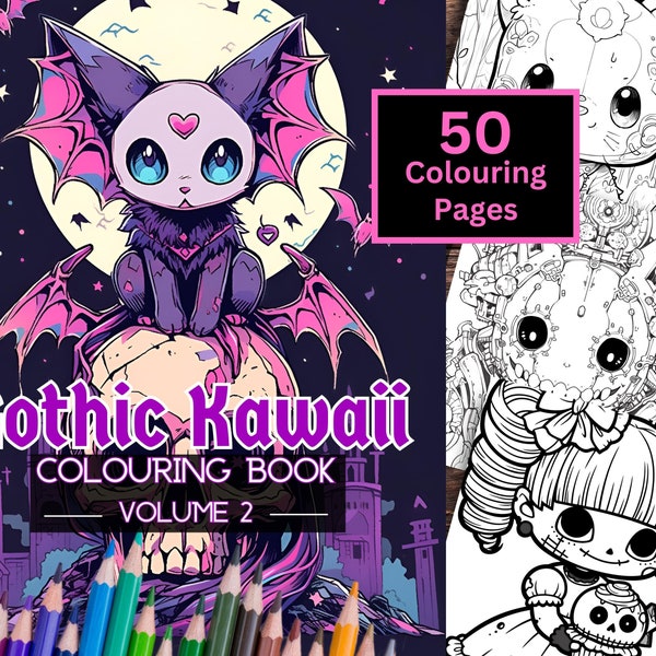 Gothic Kawaii Colouring Book, 50 Kawaii Colouring Pages, Adults & Teens, Gothic Kawaii Colouring Pages, Instant Download PDF, Creepy Kawaii