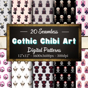 Gothic Chibi Muster, 20 Chibi und Anime nahtlose digitale Papiere, sofortiger Download, persönliche und kommerzielle Nutzung, Print-on-Demand freundlich