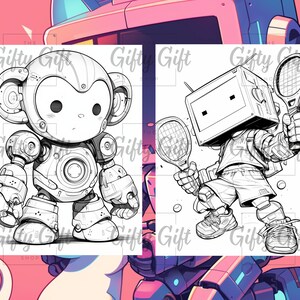 May include: A black and white line drawing of two robots. One robot is a monkey with a round body and large ears. The other robot is a television with legs and arms holding a tennis racket.