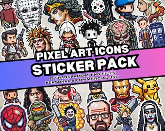Stickerpakket pixelart-pictogrammen – 85 retro 8-bits film-tv-videogamepersonages PNG-stickers Direct downloaden commercieel en POD-gebruik