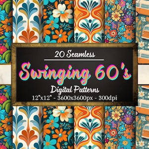 Padrões digitais sem emendas dos anos 60, 20 papéis digitais incríveis, padrão dos anos 60, estilo retrô, uso pessoal e comercial, impressão sob demanda amigável