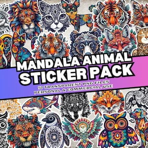 Stickerpakket dieren mandala, 50 digitale stickers, stickerpakket dieren, direct downloaden, persoonlijk en commercieel gebruik, vriendelijk voor afdrukken op aanvraag